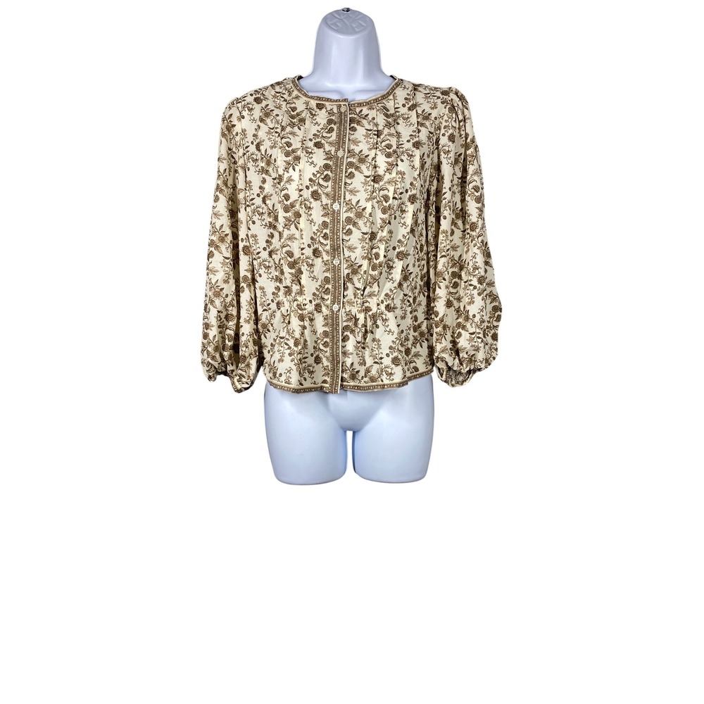 Max Studio London Blouse Womens Small Cream NEW Floral Button Up 5707Y35